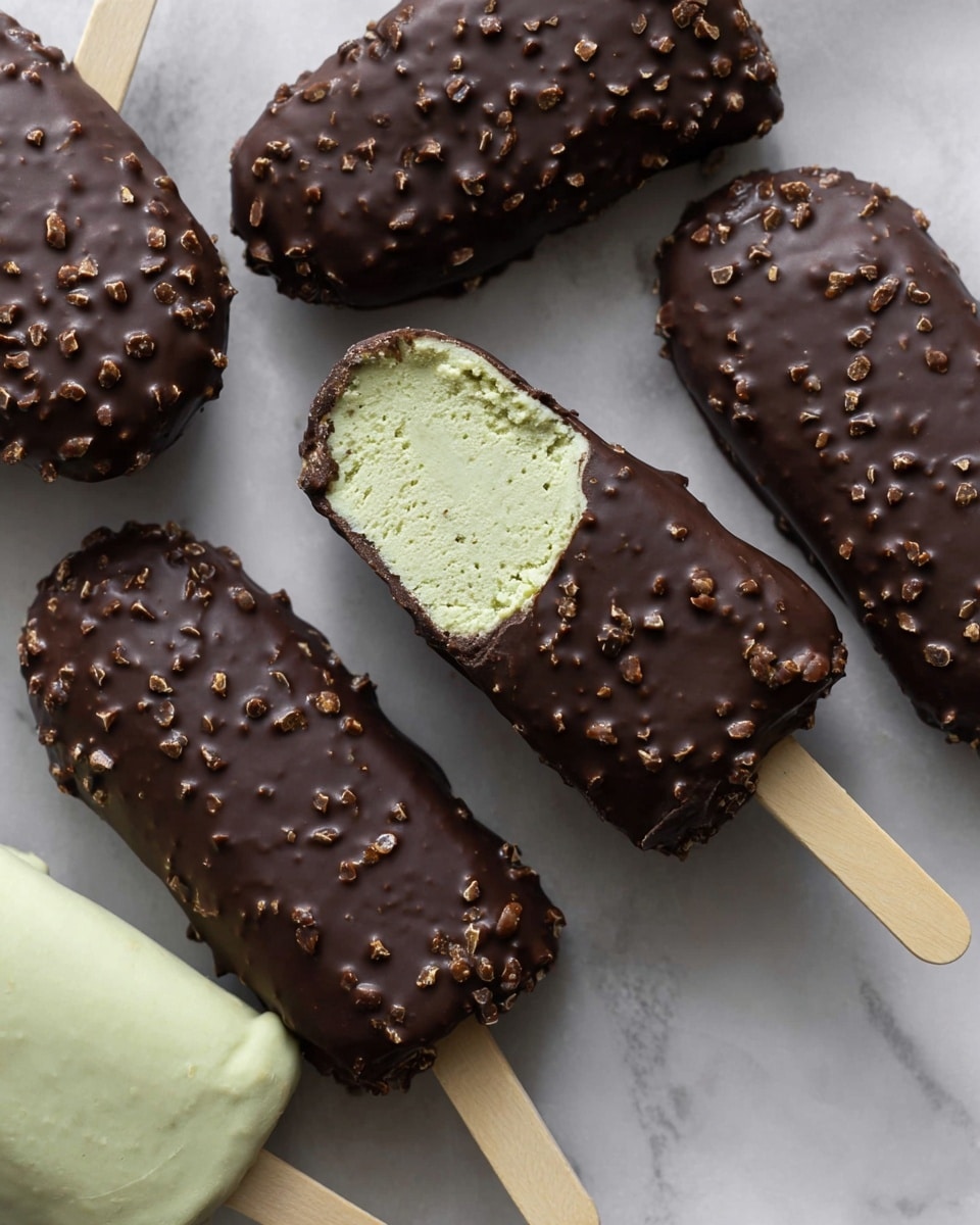 There are several ice cream bars covered in dark chocolate with small nut pieces all over the surface, arranged on a white marbled texture. One bar is shown with a bite taken from the top, revealing three layers inside: a creamy light green ice cream center, surrounded by a thin layer of chocolate, and the dark chocolate with crunchy nuts coating the outside. Behind these, there is a full bar without chocolate coating, showing a smooth and pale green exterior. Each ice cream bar is on a light wooden stick, laid flat on the surface. photo taken with an iphone --ar 4:5 --v 7
