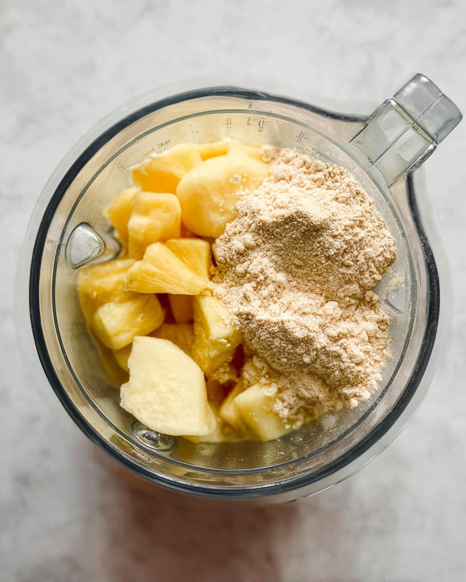 Inside a clear blender, there are two layers of ingredients. The bottom layer is made up of yellow and light yellow frozen fruit pieces, showing rough, icy textures. The top layer is a pale beige powder that looks soft and fine, slightly covering the frozen fruit beneath. The blender is placed on a white marbled surface. photo taken with an iphone --ar 4:5 --v 7