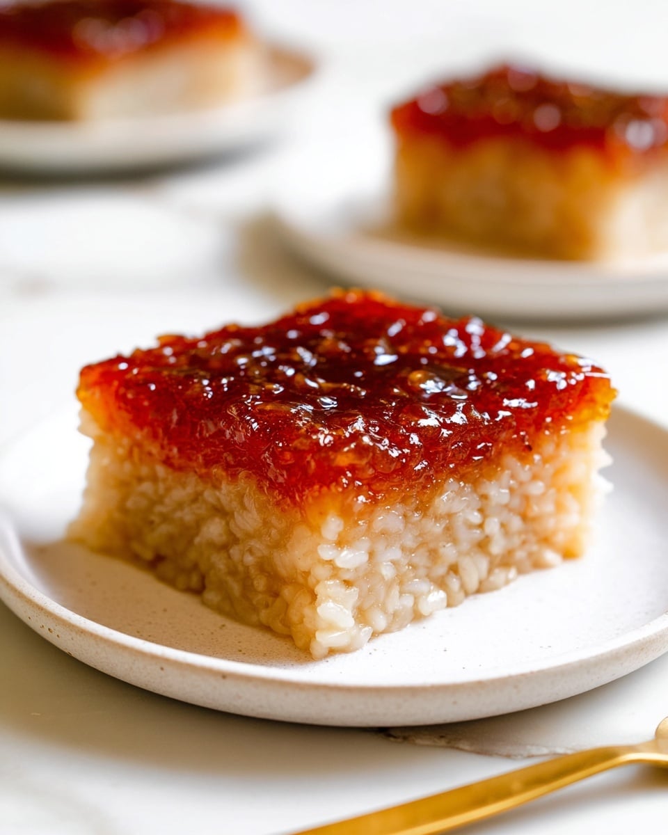 A close-up of a single square piece of sticky rice dessert with two clear layers on a white plate sitting on a white marbled surface; the bottom layer is light beige with visible rice grains packed tightly while the top layer is dark amber with a shiny, syrupy texture that looks sticky and smooth; in the blurred background, another piece of the dessert is on a white plate, giving depth to the image; in the bottom foreground, the edge of a blurred gold fork is partially visible. photo taken with an iphone --ar 4:5 --v 7