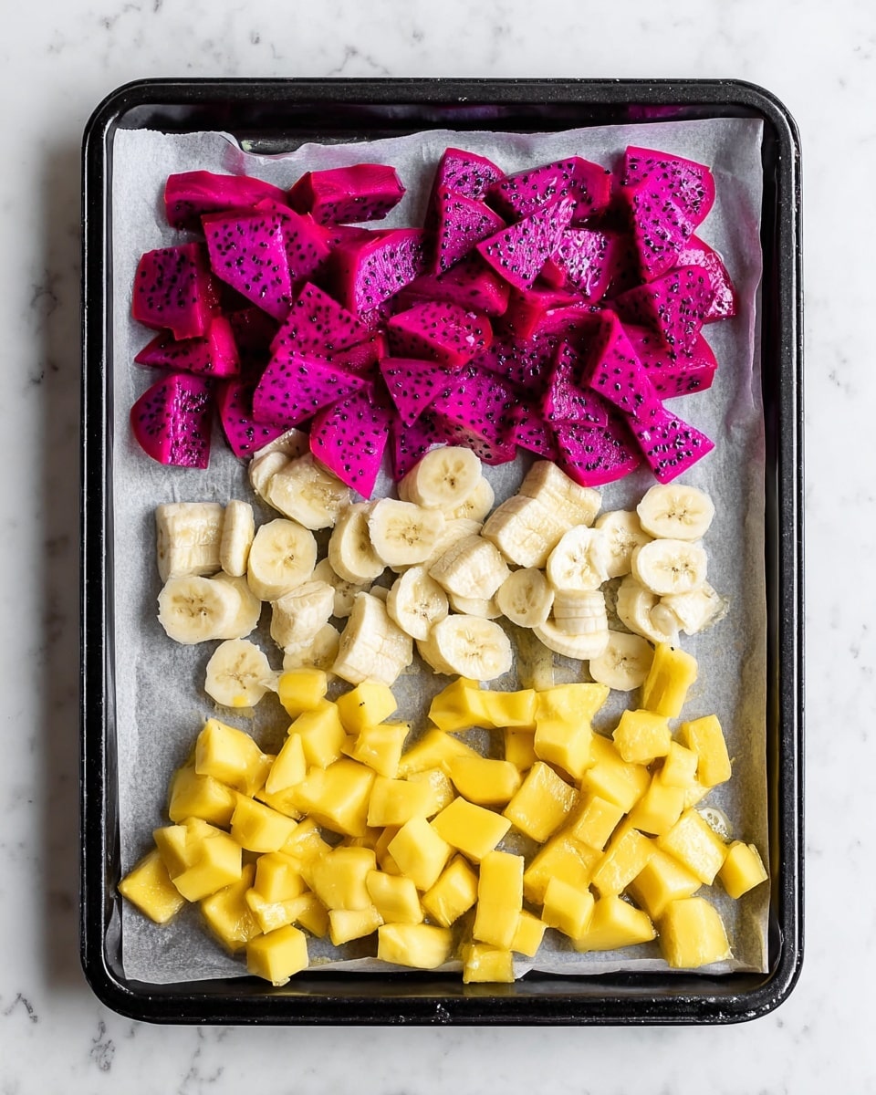 The image shows a black baking tray lined with white parchment paper, placed on a white marbled surface. The tray is divided into three horizontal sections with different chopped fruits: the top section has vibrant magenta-pink dragon fruit pieces with small black seeds and a smooth texture, the middle section contains peeled banana segments in light beige color, and the bottom section is filled with bright yellow mango cubes. The fruits are neatly spaced, creating a colorful and organized flat lay. Photo taken with an iphone --ar 4:5 --v 7