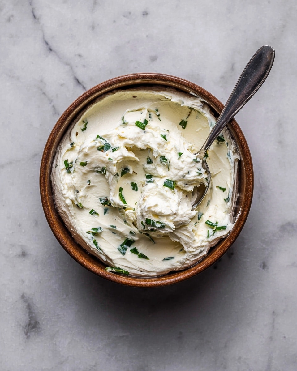 A single brown bowl filled with a thick layer of smooth white cream cheese mixed with small green herb leaves scattered evenly through it, with a shiny silver spoon partially dug into the side of the cheese, resting inside the bowl. The bowl sits on a white marbled surface. Photo taken with an iphone --ar 4:5 --v 7