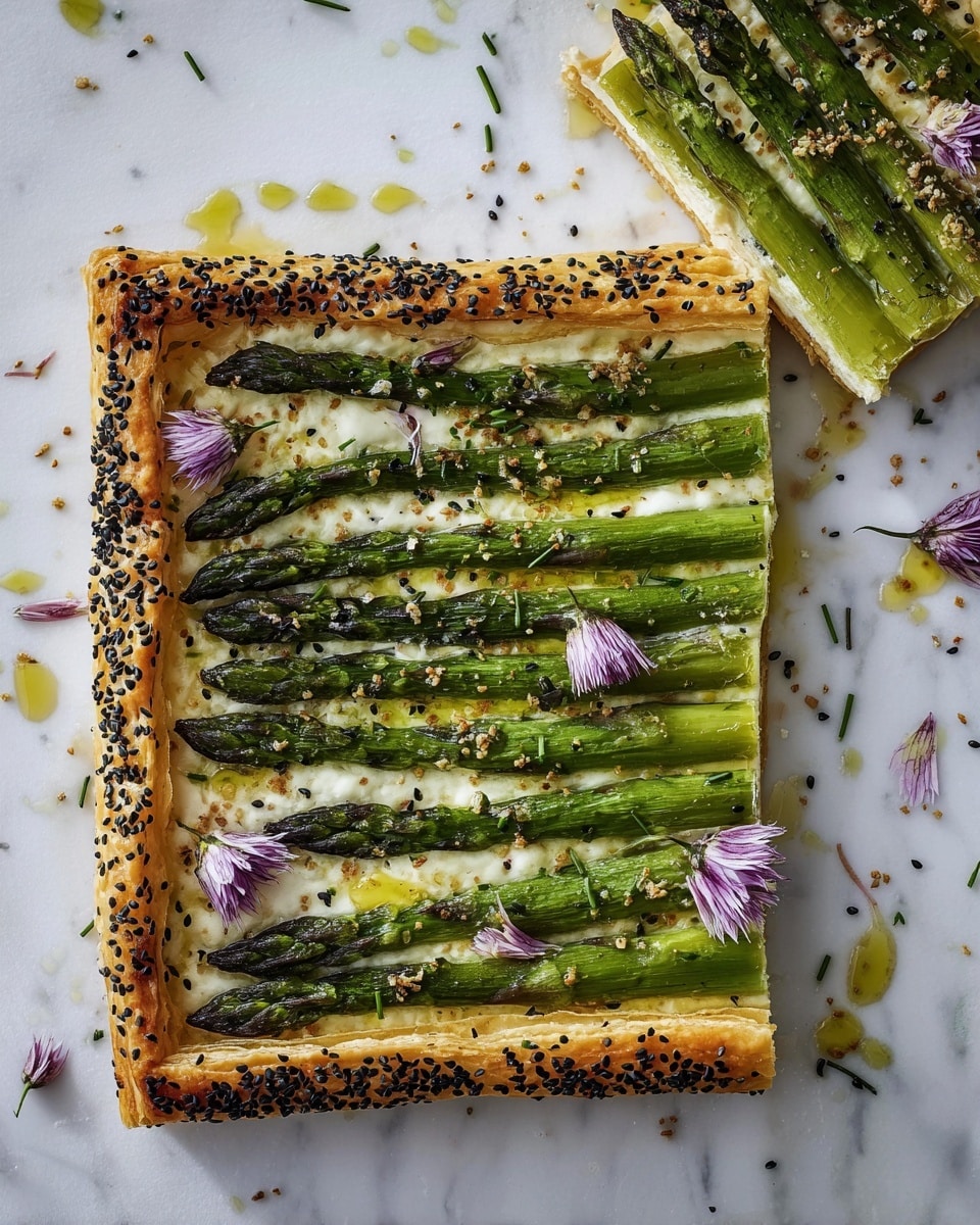 A square puff pastry tart sits on a white marbled surface, topped with whole green asparagus stalks arranged in neat parallel lines across the creamy white cheese layer beneath. The puff pastry crust is golden brown with a flaky texture and sprinkled generously with black and white sesame seeds. Light purple chive flower petals are scattered on top along with small drops of golden olive oil glistening on the asparagus and surface. One slice has been removed and placed next to the main tart, showing the layers clearly: the bottom crisp crust, the soft cheese layer, and the vibrant green asparagus on top. Photo taken with an iphone --ar 4:5 --v 7