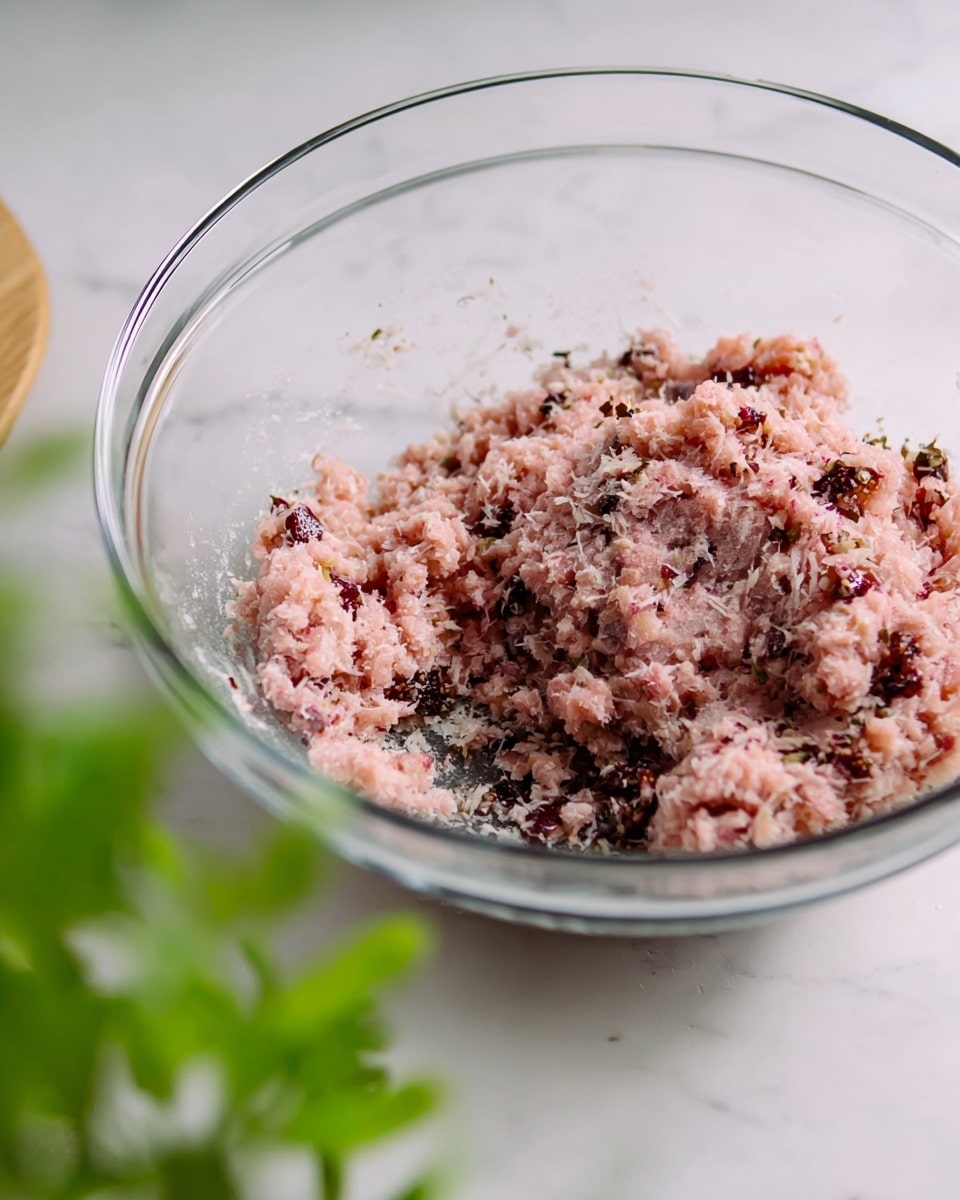 A clear glass bowl sits on a white marbled surface, filled with a mixture of finely ground pinkish meat combined with small pieces of dark brown and white bits evenly spread throughout. The texture of the mixture looks moist and slightly sticky, with a mix of soft and small shredded elements, giving a speckled look inside the bowl. In the foreground, there is a blurred green plant adding a touch of natural color to the scene. Photo taken with an iphone --ar 4:5 --v 7