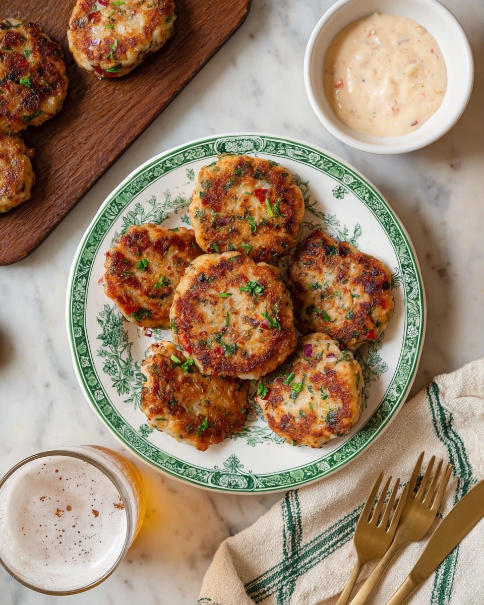 A white plate with a green floral border holds eight golden-brown patties with visible bits of red and green herbs scattered on top. The patties have a slightly crispy texture with browned edges and uneven round shapes. To the upper right, there is a white bowl filled with a creamy, pale sauce with a light orange tint. Towards the upper left corner, a small white bowl contains a thick, white sauce with visible seasoning specks. A part of a light-colored glass with a foamy drink sits at the bottom left on a wooden board, accompanied by gold cutlery below it. The whole setting is placed on a white marbled surface with a cream-colored cloth with green stripes near the top left corner. photo taken with an iphone --ar 4:5 --v 7