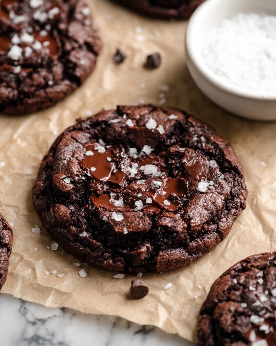 The image shows a close-up of a dark chocolate cookie with a cracked surface, revealing melted chocolate chunks inside. The cookie is thick with a rough texture, studded with small dark chocolate chips and topped with flakes of sea salt. It rests on parchment paper with parts of three other similar cookies visible around it. In the background, there is a white bowl filled with coarse salt on a white marbled surface. Photo taken with an iphone --ar 4:5 --v 7