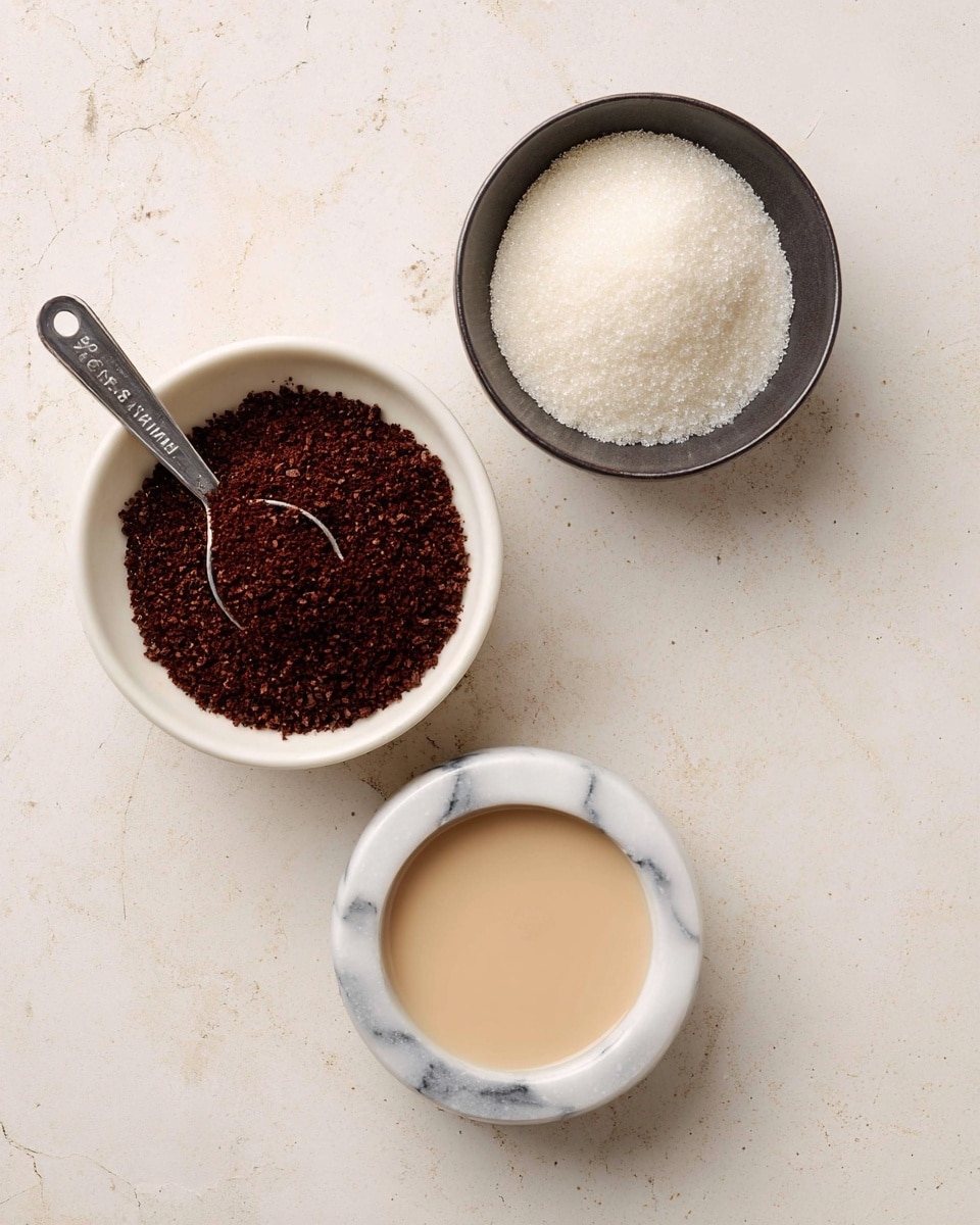The image shows three small bowls on a white marbled surface, each holding different ingredients. The top left white bowl contains a mound of dark brown coffee granules, with a metal measuring scoop lying inside it. To the right, a black bowl is filled with a heap of fine white sugar crystals. Below, a small white marble-patterned bowl holds a smooth, creamy beige liquid. The arrangement is neat, with clear textures of each ingredient visible. photo taken with an iphone --ar 4:5 --v 7