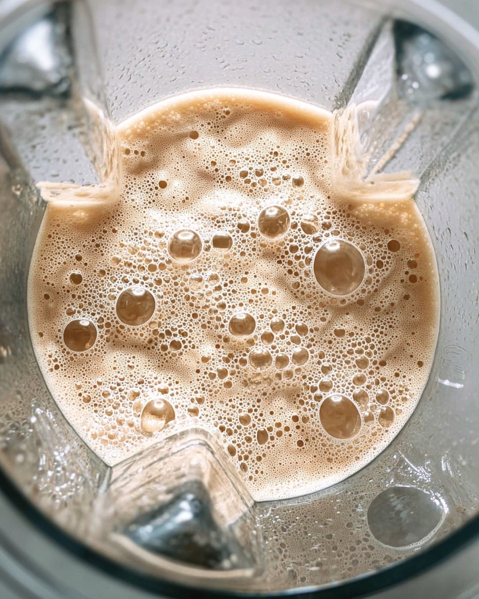 A close-up top view of a blender with a light brown frothy liquid inside, covered in bubbles of different sizes, showing a thick and creamy texture. The blender container is transparent with visible reflections on its sides, and the background is a white marbled texture. photo taken with an iphone --ar 4:5 --v 7