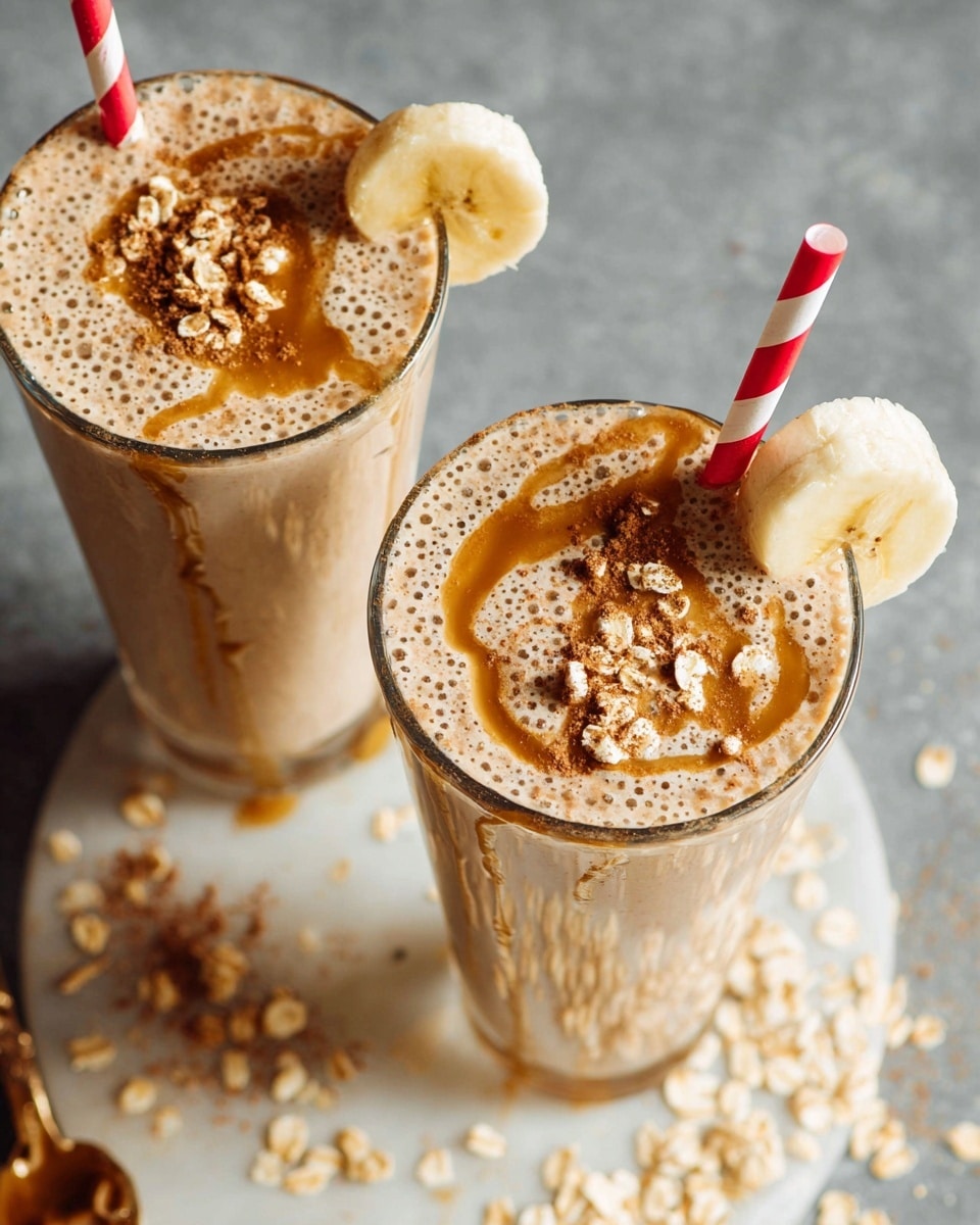 Two tall clear glasses are filled with a creamy light brown smoothie that has a bubbly texture on top. Each glass is garnished with a light golden brown drizzle of syrup and sprinkled with light beige rolled oats and a dusting of dark brown powder. A slice of banana with a soft yellow color is placed on the rim of each glass. Both glasses have a red and white striped straw inserted from the top. The glasses rest on a white marbled surface with some scattered oats around them. Photo taken with an iphone --ar 4:5 --v 7