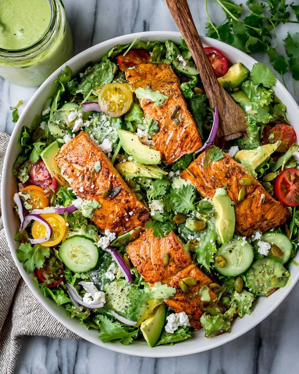 A white bowl filled with a salad that has three rectangular pieces of cooked salmon with a light brown crispy surface, placed on a bed of green arugula and kale leaves. Scattered on top are thin light green cucumber slices, small green avocado wedges, halved red and yellow cherry tomatoes, thin purple onion strips, and sprigs of fresh cilantro. White crumbled cheese is sprinkled across the salad, along with a few light brown pumpkin seeds. A green creamy dressing lightly coats parts of the salad. There is a wooden fork resting inside the bowl. The bowl sits on a white marbled surface. A jar with extra green dressing is visible in the top left corner. photo taken with an iphone --ar 4:5 --v 7