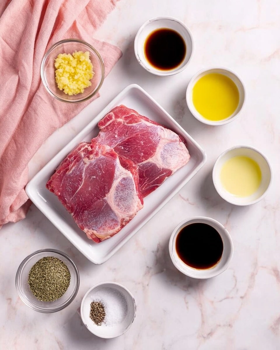 The image shows a white rectangular plate with two raw meat slices, pink and red with some white fat and veins, placed in the center on a white marbled surface. Surrounding the plate are six small white bowls arranged in a loose circle: one with yellow minced garlic, one with dark brown soy sauce, one with pale yellow liquid, one with golden olive oil, one with light yellow lemon juice, and one with black pepper and salt mix. There is also a small clear bowl with dried green herbs. A soft pink cloth napkin is placed on the left side of the frame. photo taken with an iphone --ar 4:5 --v 7
