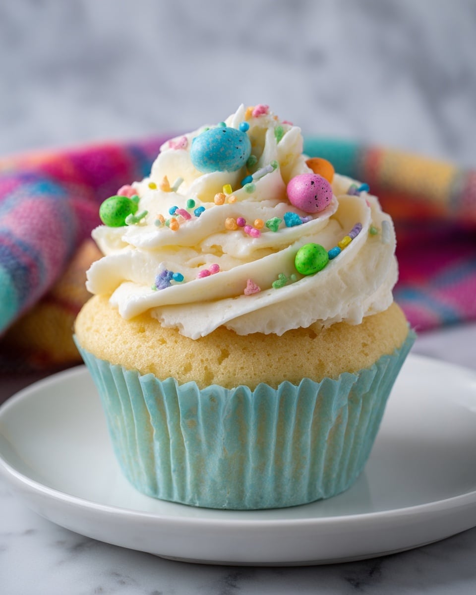 A single cupcake is shown in a light blue paper liner with a soft yellow cake base at the bottom. On top, there is a thick layer of creamy white frosting, swirled in a circular pattern, with a smooth and fluffy texture. Sprinkles of various shapes and pastel colors like green, pink, blue, and small round candy eggs with speckles are scattered on the frosting. The cupcake sits on a plain white plate, placed on a white marbled surface, with a colorful plaid cloth in the background adding a cozy feel. Photo taken with an iphone --ar 4:5 --v 7