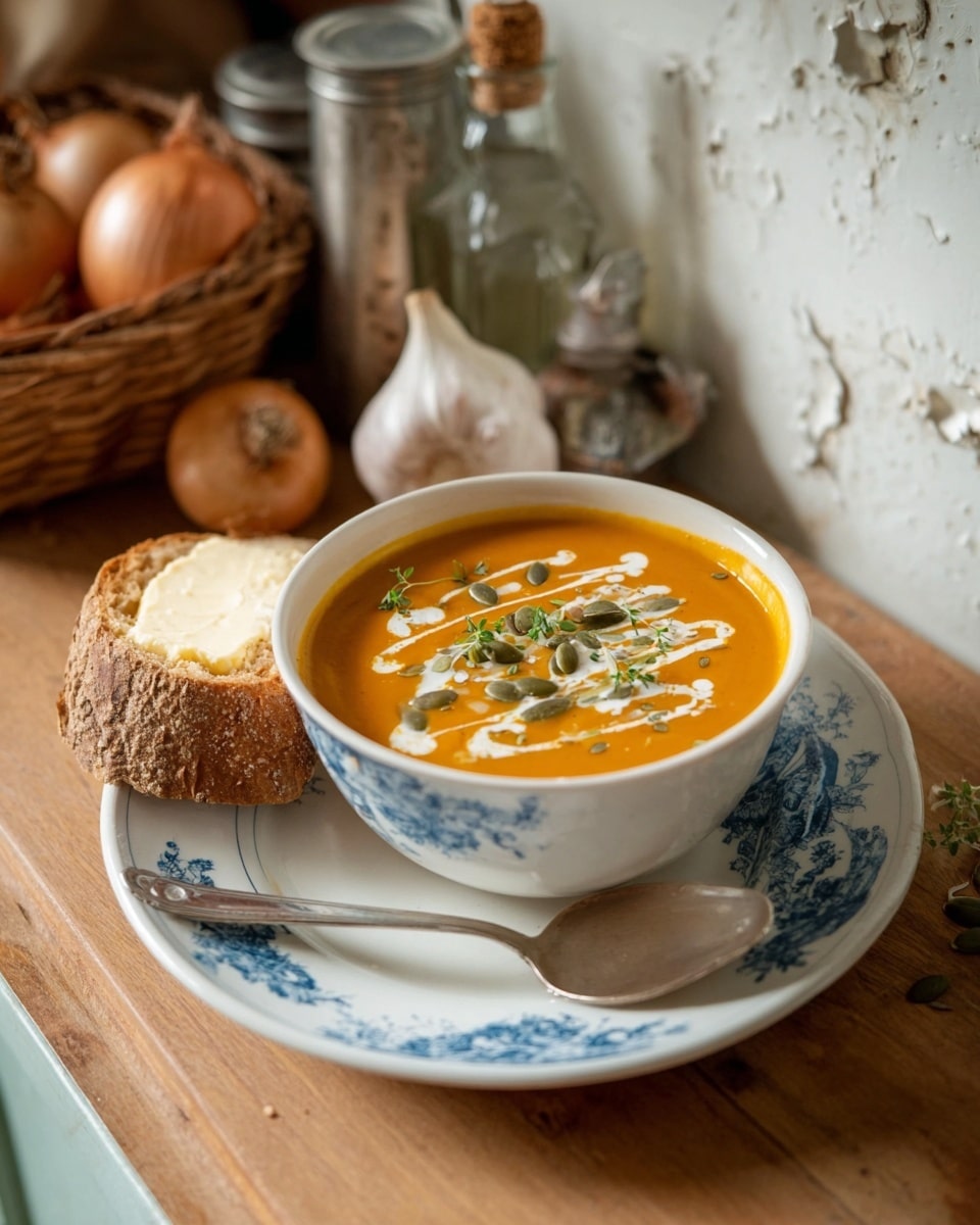 A white bowl filled with bright orange soup topped with white cream drizzles, green pumpkin seeds, and small green herbs, placed on a white plate with blue patterns. A slice of buttered bread rests on the edge of the bowl. A silver spoon lies beside the bowl on the plate. The setting is on a wooden table with a basket of small onions and garlic in the background, alongside a glass bottle with a cork and a metal container. The scene is warm and rustic with a white marbled texture background. photo taken with an iphone --ar 4:5 --v 7