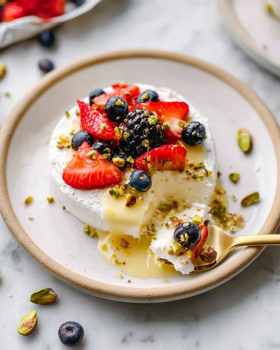 A dessert with three visible layers sits on a white plate with a beige rim. The bottom layer is a smooth, white meringue disc with a slightly rough, crisp texture on its edges. On top of that is a layer of glossy, pale yellow custard sauce that drips slightly down the sides. The top layer is a mix of fresh berries: bright red strawberry halves, dark blue blueberries, and a single black blackberry, all sprinkled with small, chopped green pistachio nuts. A gold spoon on the right scoops a portion of the dessert, showing the soft meringue interior and the layers above. The white marbled surface underneath has scattered pistachio pieces and a few loose blueberries around the plate. Photo taken with an iphone --ar 4:5 --v 7