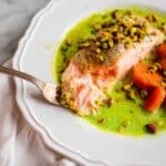One Pan Salmon with Mint Pea Puree & Caramelized Carrot Medallions Recipe