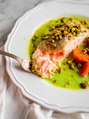 One Pan Salmon with Mint Pea Puree & Caramelized Carrot Medallions Recipe
