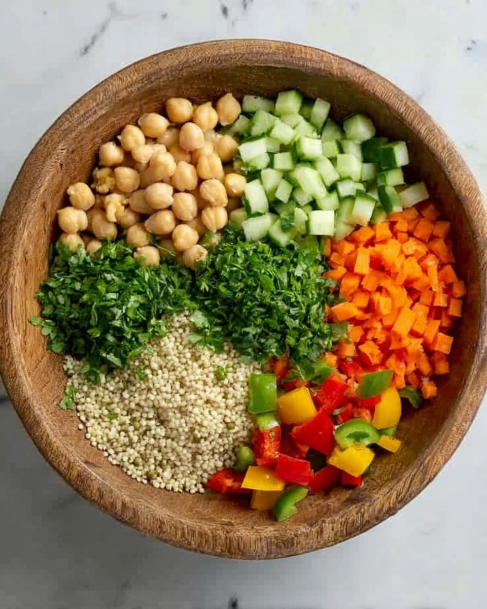 A wooden bowl filled with six different ingredients arranged in small piles: light beige chickpeas in the top left, chopped green cucumber pieces next to them on the top right, bright orange chopped carrots to the right of the cucumbers, finely chopped fresh green herbs (likely parsley or cilantro) in the center, small beige grains (possibly couscous or quinoa) in the bottom left, and diced colorful bell peppers including red, green, and yellow on the bottom right. The bowl is placed on a white marbled surface photo taken with an iphone --ar 4:5 --v 7