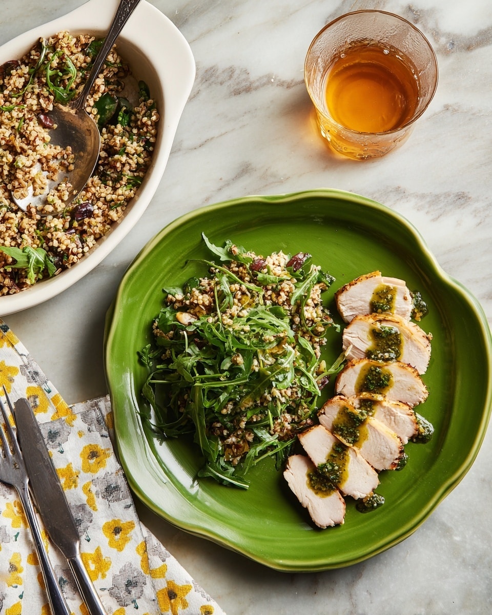 A green plate holds two main layers: on the left side, there is a mound of light brown grain salad mixed with bright green arugula leaves and small dark bits spread evenly throughout, giving a fresh texture; on the right side, there are several slices of light beige cooked meat arranged in a row, each slice topped with a thick drizzle of green sauce. Above the plate, a glass cup filled with amber liquid sits on a white marbled surface. To the left of the plate, a white oval dish contains more of the grain salad, with visible texture from the grains, green leaves, and scattered dark pieces, and a spoon resting inside. On the lower right corner, a white napkin with grey and yellow patterns holds a fork and knife. Photo taken with an iphone --ar 4:5 --v 7