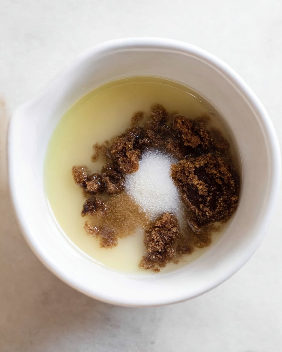 Inside a white bowl, there are several layers of ingredients: at the bottom, a clear, light yellow liquid; on top of that, several clumps of dark brown sugar with a crumbly texture scattered unevenly; and nestled in the center, a small pile of white granulated sugar. The bowl is placed on a white marbled surface. photo taken with an iphone --ar 4:5 --v 7