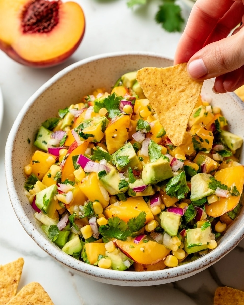 A white speckled bowl filled with a colorful salad consisting of chopped yellow peaches, green avocado cubes, yellow corn kernels, small pieces of red onion, and chopped green cilantro leaves mixed evenly. A woman's hand is holding a triangular yellow corn chip just above the bowl on the left side. In the background, a halved peach with a pit is visible on a white marbled surface, along with some blurred green and white elements. The salad looks fresh and vibrant, with a mix of soft and crunchy textures. Photo taken with an iphone --ar 4:5 --v 7
