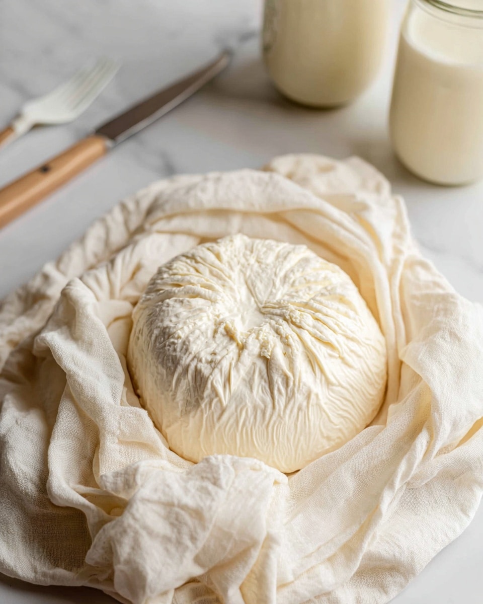 A round, soft ball of fresh cheese with a pale creamy-white color sits in the center of a loosely gathered cloth with a slightly wrinkled texture and light off-white shade, forming a nest-like base around the cheese. The cheese surface has gentle, irregular folds and a smooth, slightly crumbly texture. The scene is set on a white marbled surface, with two blurred glass jars filled with a creamy liquid positioned in the upper right background, and a small fork with a light wooden handle resting near the top left corner. The overall lighting is soft and natural, highlighting the delicate textures and light tones. photo taken with an iphone --ar 4:5 --v 7