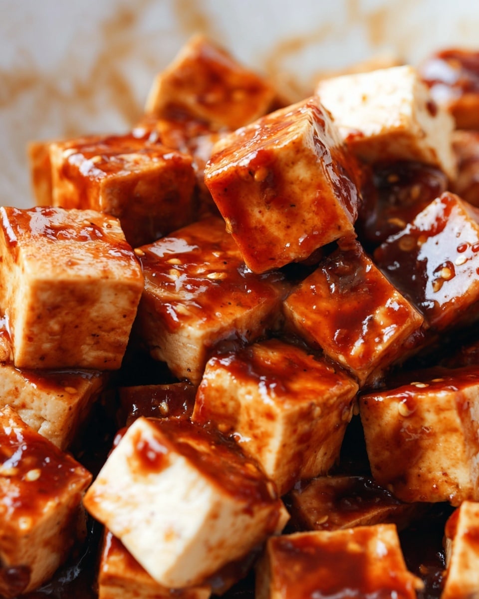 The image shows many small cubes of tofu, coated evenly with a shiny reddish-brown sauce that has a thick and slightly sticky texture. The tofu cubes are stacked close together, and the sauce covers the surface of each cube, dripping slightly between them. The background is a white marbled texture that contrasts with the rich colors of the tofu and sauce, making the food look warm and flavorful. Photo taken with an iphone --ar 4:5 --v 7