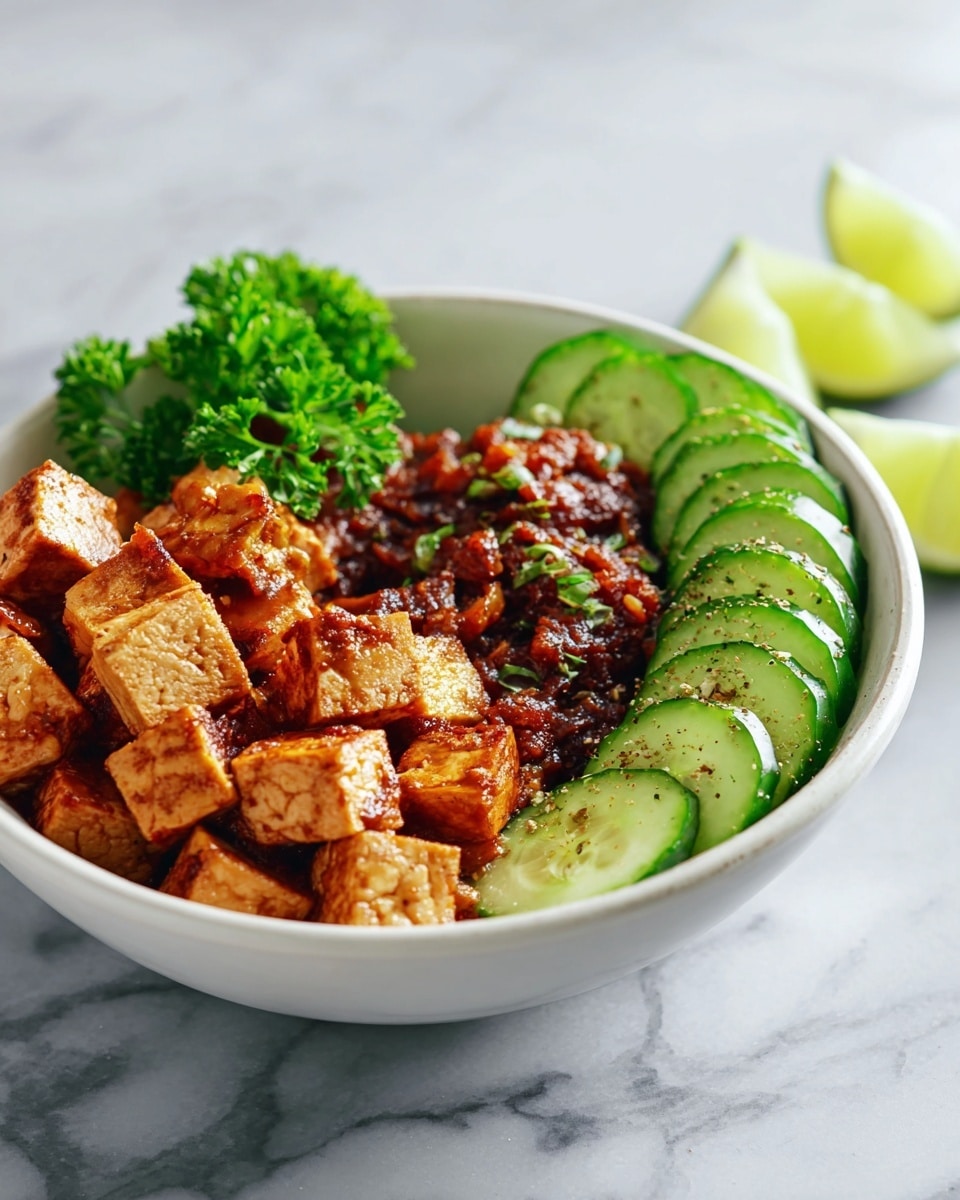 A white bowl on a white marbled surface holds a layered dish with three main parts: golden-brown tofu cubes with a slightly crispy texture in the front, a dark reddish-brown saucy mixture behind the tofu, and several bright green cucumber slices sprinkled with seasoning arranged neatly along one side. A sprig of fresh green parsley sits near the tofu, adding a fresh touch. In the background, out of focus, are two lime wedges in green and white colors. The photo taken with an iphone --ar 4:5 --v 7