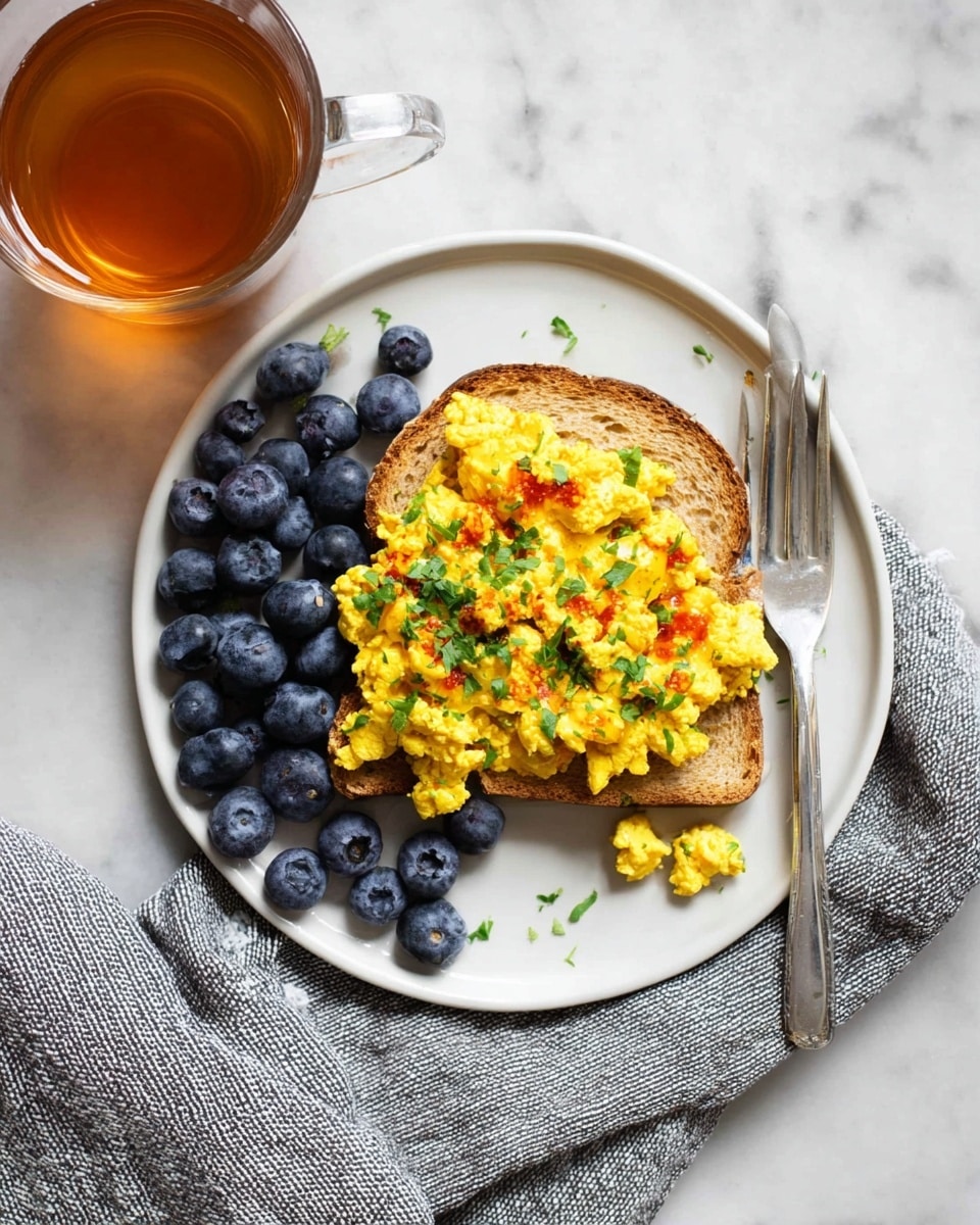 Easy Vegan Tofu Scramble Recipe 5 A white round plate on a white marbled surface holds a simple breakfast. On the plate, there is a single slice of toasted brown bread topped with a generous layer of bright yellow scrambled tofu, sprinkled with chopped green herbs and drops of red sauce. To the left of the bread is a small pile of fresh dark blue blueberries. A silver fork rests to the right side of the plate, lying partly on a textured grey cloth napkin. Next to the plate is a clear glass cup filled halfway with amber-colored tea. photo taken with an iphone --ar 4:5 --v 7