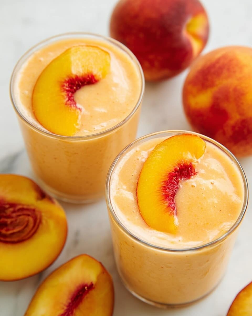 This image shows two clear glasses filled with a creamy peach smoothie. Each glass has a light orange-pink smooth layer that appears thick and fresh. On the top of each smoothie, there is a slice of fresh peach with a bright yellow and orange color and red skin on one side. Around the glasses, there are whole and half peaches with golden yellow and red skin on a white marbled surface. The scene is bright, fresh, and inviting. photo taken with an iphone --ar 4:5 --v 7