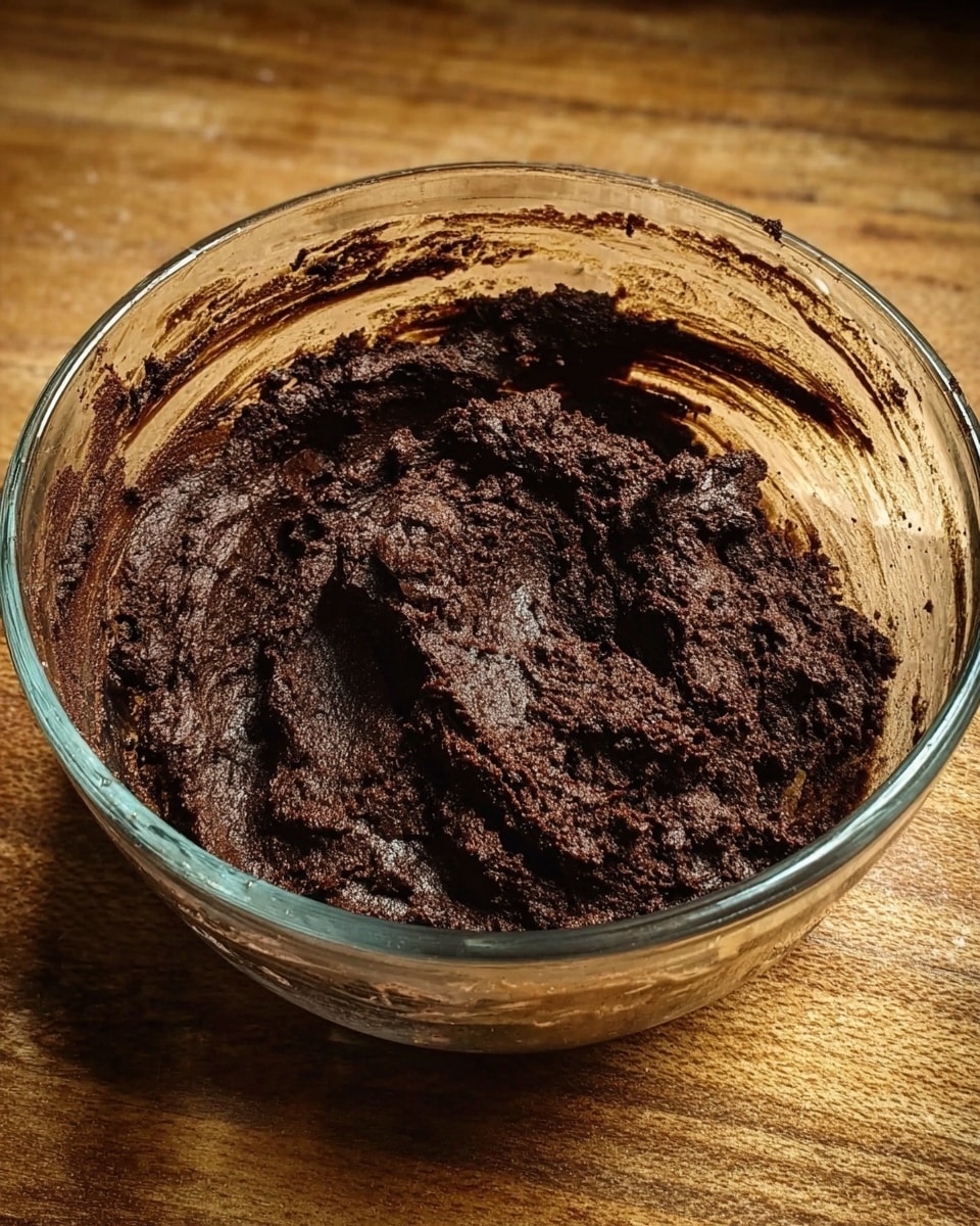 A clear glass bowl filled with thick, dark brown chocolate dough, dense and slightly rough in texture, resting on a wooden surface. The dough shows uneven mixing marks on its surface and around the inner sides of the bowl. Photo taken with an iphone --ar 4:5 --v 7