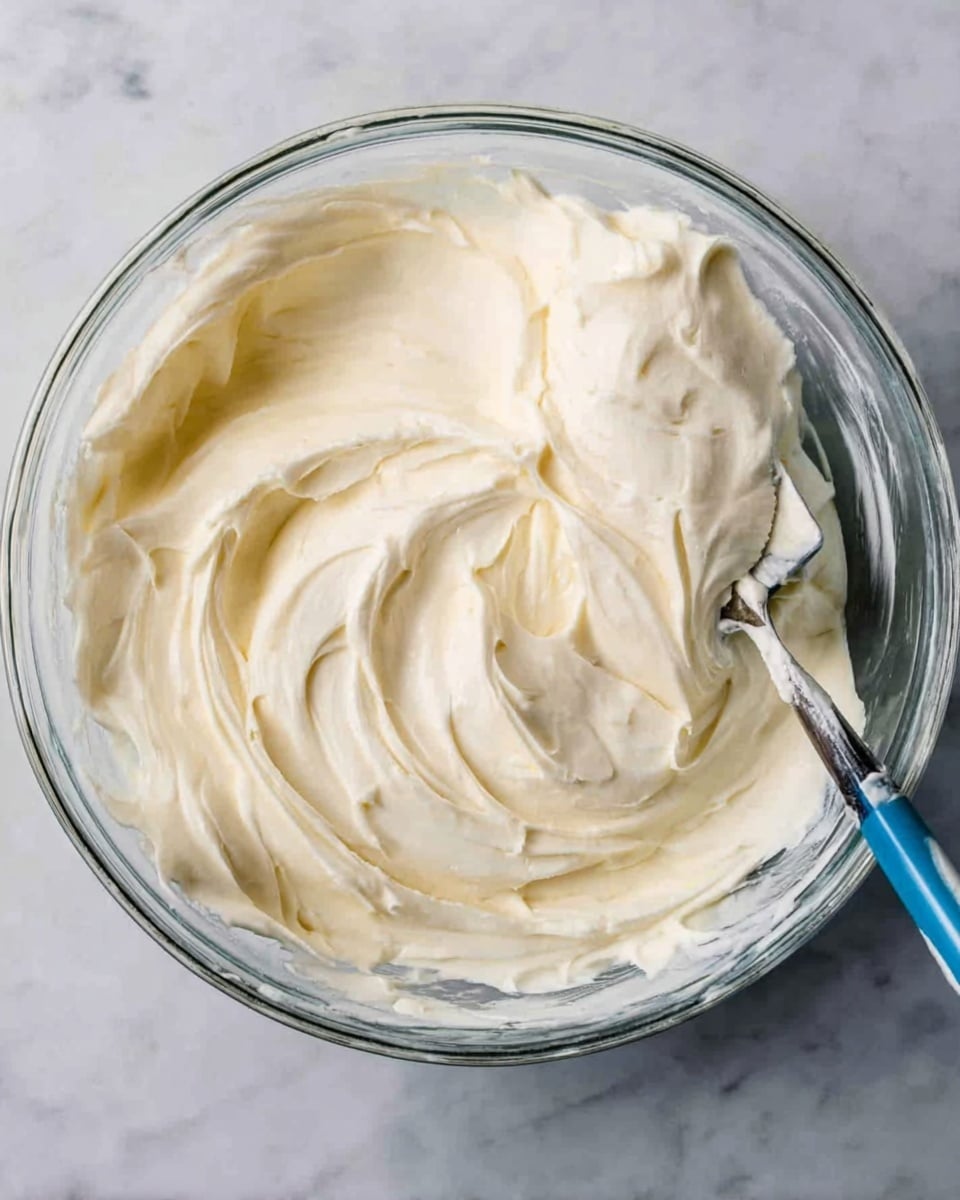 A clear glass bowl filled with one thick layer of smooth, creamy white frosting, with soft peaks and swirls visible across the surface from stirring. A metal spatula with a blue tip rests on the right side inside the bowl, partially covered by the frosting. The bowl sits on a white marbled surface. photo taken with an iphone --ar 4:5 --v 7