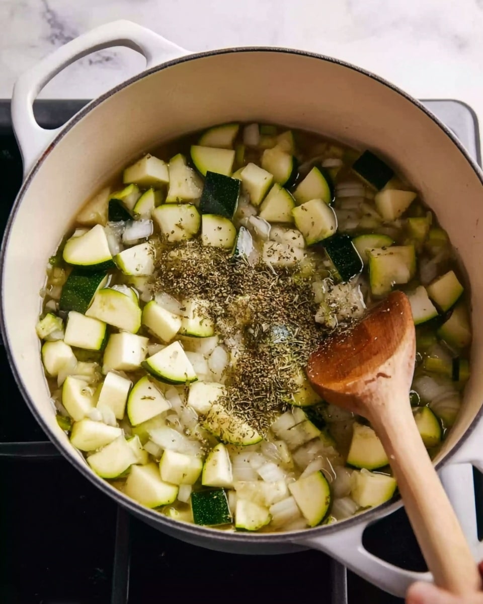 The image shows a white pot filled with diced zucchini and onions in water. On top of the vegetables, there is a sprinkling of dried herbs and black pepper. A woman's hand is stirring the contents with a wooden spoon. The pot is placed on a stovetop, with a white marbled surface visible around it. photo taken with an iphone --ar 4:5 --v 7