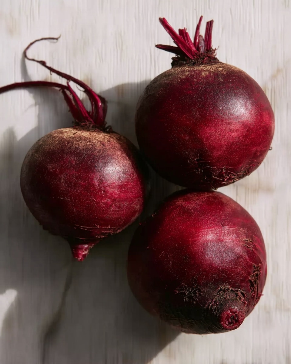 The image shows three deep red beets with rough, textured skin arranged on a white marbled surface. The beets have round shapes with visible stems attached, and their surfaces have a slightly matte, natural appearance with small imperfections and variations in red tones. The lighting highlights their bulbous form and rich color, creating soft shadows on the white marbled background. photo taken with an iphone --ar 4:5 --v 7