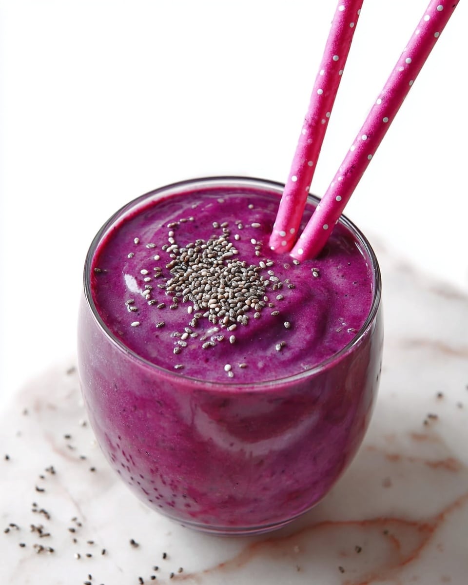 A clear glass filled with a thick, bright purple smoothie topped with small white chia seeds spread on the surface. Two pink straws with white dot patterns are placed inside the smoothie, angled to the side. The glass is set on a white marbled surface with some loose chia seeds scattered nearby. The smoothie has a smooth and creamy texture, almost filling the glass to the top. photo taken with an iphone --ar 4:5 --v 7