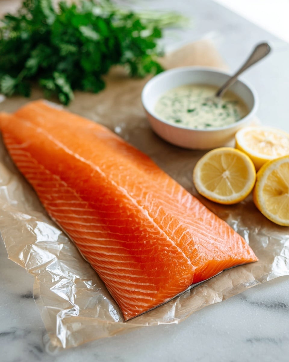 A large, fresh salmon fillet with bright orange flesh and visible white fat lines lies flat on crinkled clear plastic wrap on a white marbled surface. In the background, there is a small white bowl with a creamy sauce that has green herbs mixed in and a silver spoon resting inside it. To the right, two lemon halves with pale yellow flesh and seeds are placed on the surface. A bunch of fresh green parsley is slightly out of focus in the back, adding a pop of green color. photo taken with an iphone --ar 4:5 --v 7