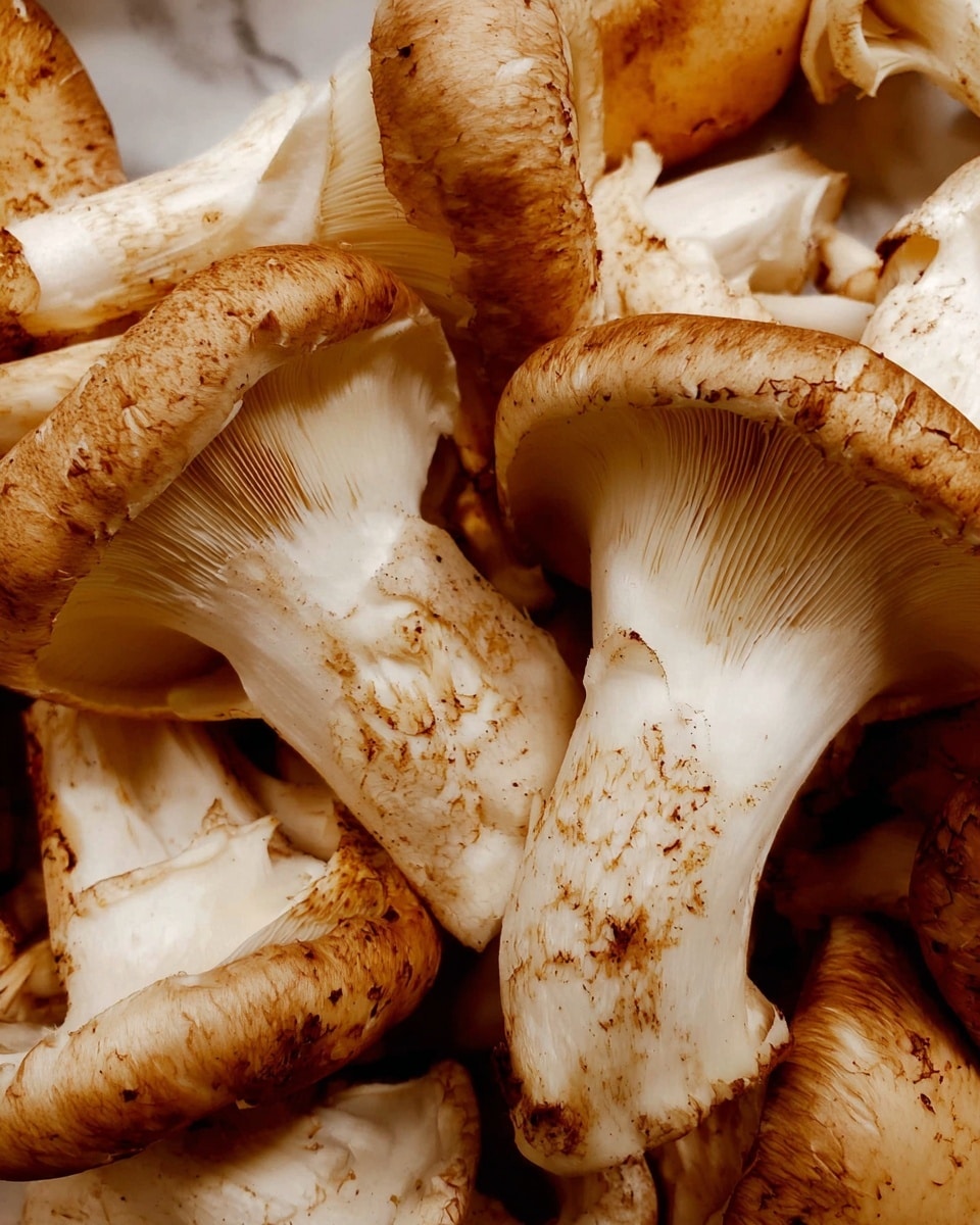 The image shows close-up fresh mushrooms with a mix of pale cream and light brown colors. The mushrooms have thick, firm stems and wide caps, some showing gill textures underneath. The surface of the mushrooms looks slightly rough with natural speckles of brown. They are piled closely together creating a textured, organic look. The background is filled with more mushrooms, all placed against a white marbled texture surface. Photo taken with an iphone --ar 4:5 --v 7