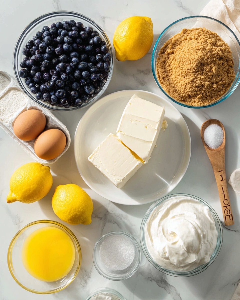The image shows a white marbled surface with a variety of ingredients arranged neatly. In the center is a white plate holding two large blocks of cream cheese, white in color with a smooth texture. Above that is a clear glass bowl filled with dark blue-black blueberries, round and plump. To the right, there is another clear bowl with light brown crushed graham crackers, grainy in texture. Below the graham crackers, a smaller clear glass bowl contains white thick whipped cream. At the bottom left, another clear bowl holds melted yellow butter, glossy and smooth. Next to it, a large clear bowl is filled with white granulated sugar. On the left side, two brown eggs rest in a white egg tray, showing their smooth, firm texture. Scattered around are several bright yellow lemons, oval with a slightly shiny surface. A wooden teaspoon with “1 tsp” carved on it lies near a small white bowl of salt. The overall scene is bright with natural light and a soft shadow, showcasing fresh, raw ingredients on a clean, white marbled background. Photo taken with an iphone --ar 4:5 --v 7