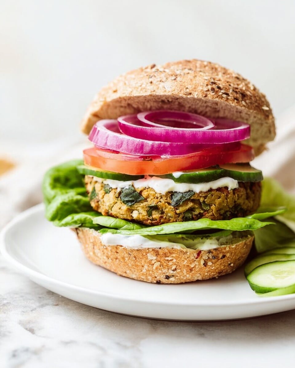 A sandwich with five visible layers sits on a white plate over a white marbled surface. The base is a toasted whole grain bun with visible seeds. On top of that is a fresh, bright green lettuce leaf. Above the lettuce is a thick veggie patty with a rough texture and green flecks visible throughout. Sitting on the patty is a layer of white sauce or cheese. The next layer includes thin slices of tomato, followed by two slices of cucumber with dark green skins. At the top, a few circular slices of bright purple onion rest under the slightly tilted top half of the bun, which also has visible seeds. Photo taken with an iphone --ar 4:5 --v 7