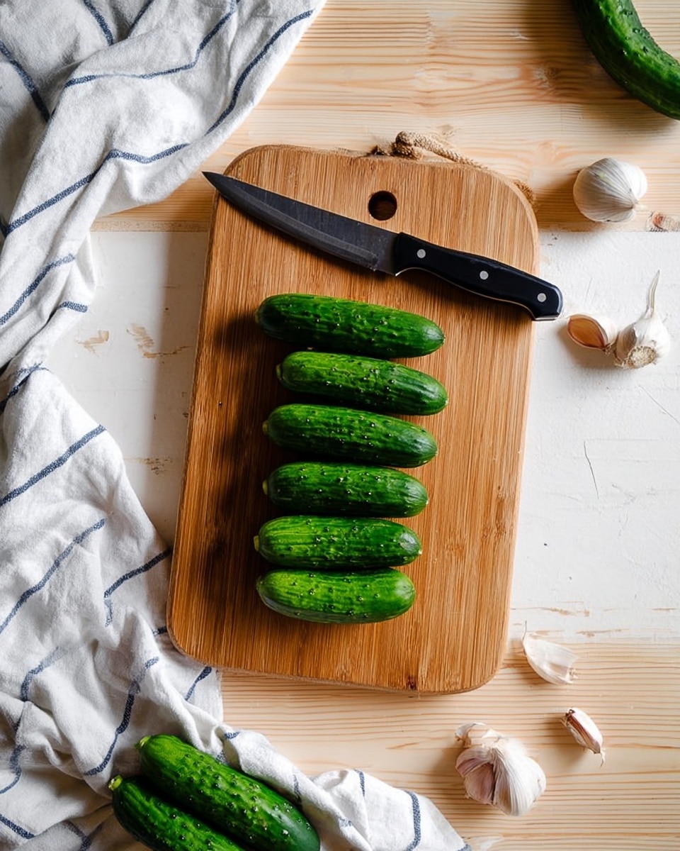 A wooden cutting board with a black-handled knife resting on the top edge, lined with ten small, whole green cucumbers placed in the center. Around the board, there are garlic bulbs and cloves on a light wooden surface. A white cloth with blue stripes is crumpled at the lower left corner with more cucumbers partially visible on it, all set against a white marbled texture background. Photo taken with an iphone --ar 4:5 --v 7