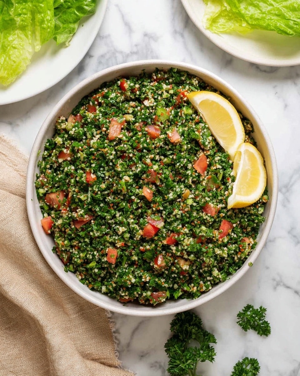 A large white bowl filled with tabbouleh, which is a green salad made of finely chopped parsley, mint, and bulgur wheat mixed with small pieces of red tomato scattered on top. There are two thin lemon slices placed on one side of the salad inside the bowl. The bowl is placed on a white marbled surface, with some leafy lettuce on a white plate to the side and a beige cloth nearby. A sprig of fresh parsley is also seen on the surface near the bowl. photo taken with an iphone --ar 4:5 --v 7