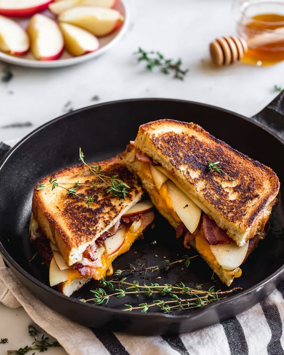 A black pan holds two halves of a toasted sandwich, each with two thick slices of golden-brown grilled bread on top and bottom. Inside, layers of melted orange cheese, crispy bacon strips, and thin apple slices peek out. Fresh thyme sprigs lie on top of the sandwich and around the pan, along with apple wedges. In the background, a white plate with apple slices and a honey dipper is partially visible on a white marbled surface with a black-and-white striped cloth. photo taken with an iphone --ar 4:5 --v 7