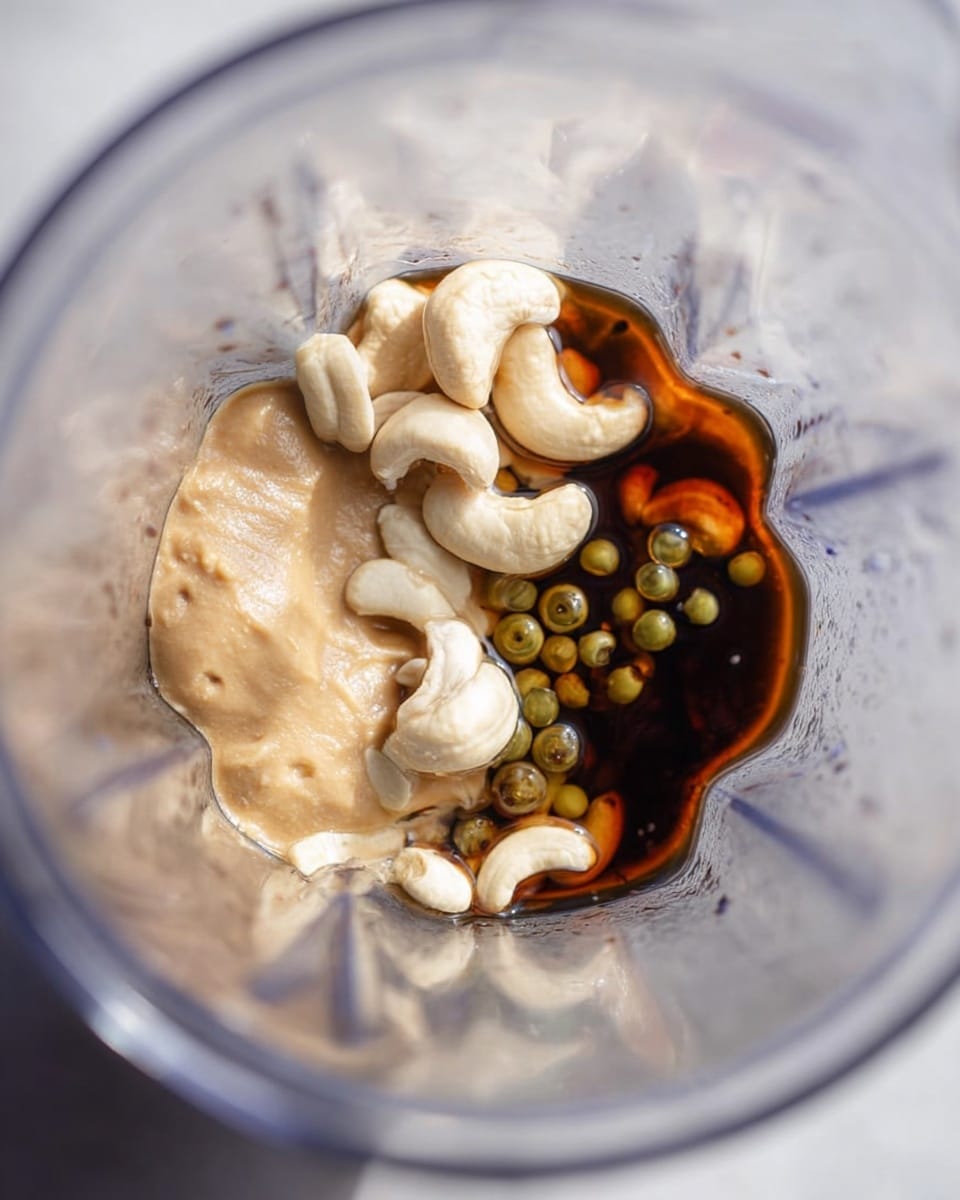 Inside a clear blender, there are several layers of ingredients: at the bottom, a thick, light brown paste sits to the left, next to a dark brown liquid that spreads slightly toward the center; scattered on top and mixed around are pale beige cashew nuts and small round green capers, all partially covered by a clear liquid that fills the blender halfway. The image shows a close view from above, with soft light reflecting off the smooth, slightly textured blender walls. Photo taken with an iphone --ar 4:5 --v 7