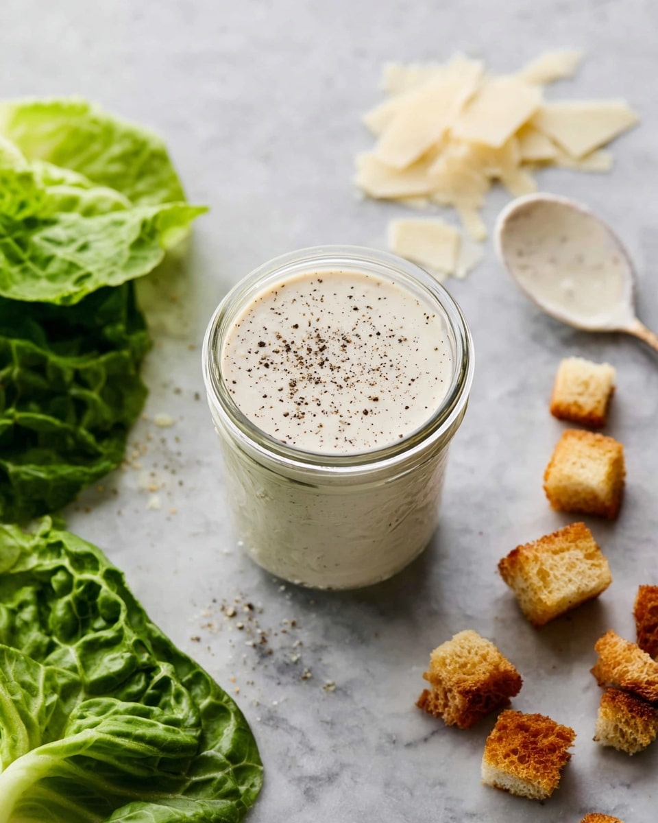 A small clear glass jar filled with creamy white dressing, topped with black pepper specks. Near the jar, there are light beige shaved Parmesan cheese pieces on the white marbled surface, along with a white spoon holding some dressing with pepper. On the lower left, there are fresh green romaine lettuce leaves, and on the lower right, several golden-brown croutons scattered on the white marbled surface. Photo taken with an iphone --ar 4:5 --v 7