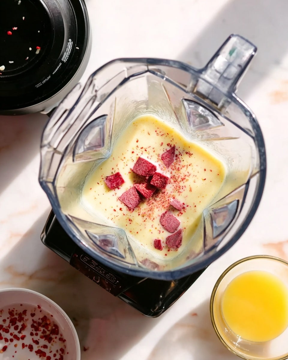 The image shows a clear blender jar with light yellow liquid and small red cube pieces inside. The blender is on a white marbled surface with parts of the black blender base visible at the top left. Around the blender, there is a white cup with red specks and a small glass bowl containing a yellow liquid. The scene is bright with soft natural light. photo taken with an iphone --ar 4:5 --v 7
