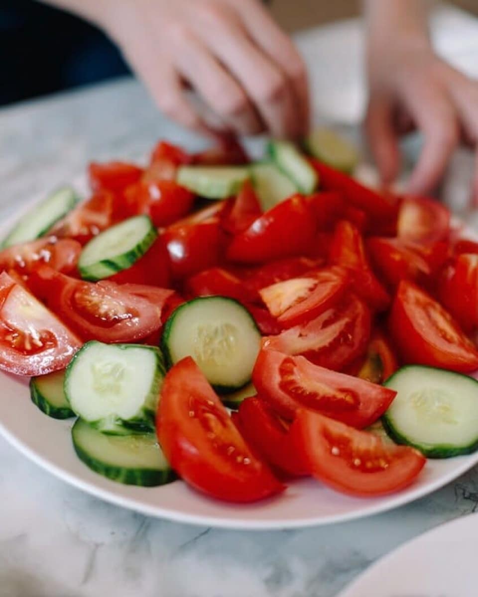 A white plate filled with bright red tomato wedges layered evenly over the surface, interspersed with thick cucumber slices showing green skin and light green inside. Two woman's hands are visible arranging the vegetables on the plate, with the background blurred, showing a white marbled texture. The tomatoes and cucumbers look fresh and slightly shiny from moisture. photo taken with an iphone --ar 4:5 --v 7