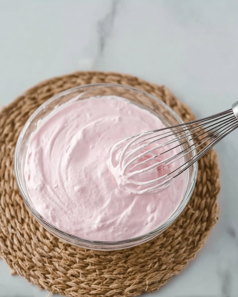A clear glass bowl filled with smooth, light pink whipped cream sits on a woven tan placemat on a white marbled surface. A silver whisk with some whipped cream caught on its wires rests inside the bowl, showing the soft and creamy texture of the mixture. The overall scene is simple and clean, highlighting the pastel pink cream against the natural brown and white background. Photo taken with an iphone --ar 4:5 --v 7