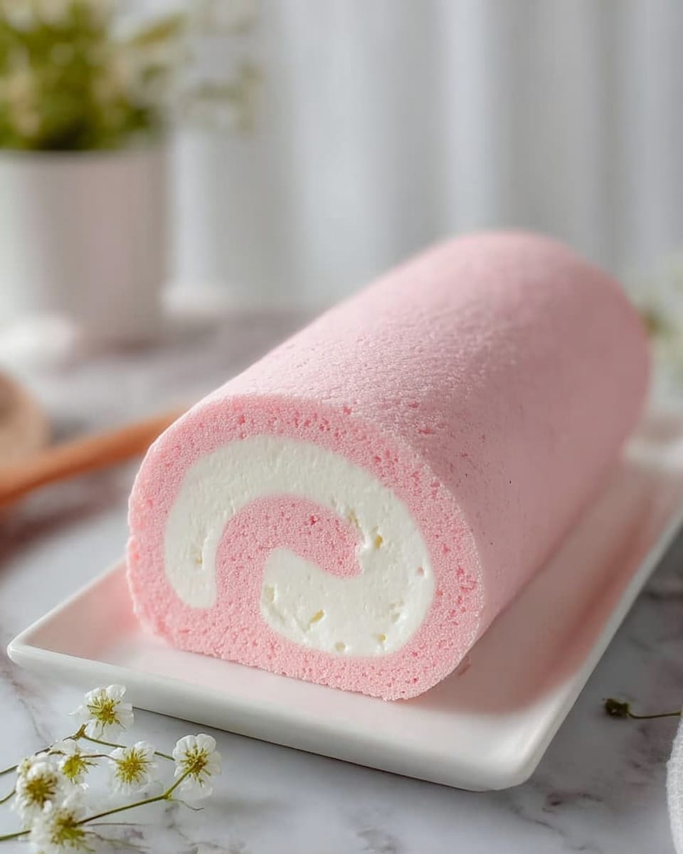 This image shows a soft, smooth pink roll cake with a white cream swirl inside, placed on a white rectangular plate. The cake is thick and cylindrical with one visible flat end showing two layers: a light pink outer layer that looks like sponge cake, and a white creamy inner layer spiraled close to the edge. The scene is set on a white marbled surface with small white flowers and green stems near the plate, and a blurred background with a white curtain, adding a light and fresh feel. Photo taken with an iphone --ar 4:5 --v 7
