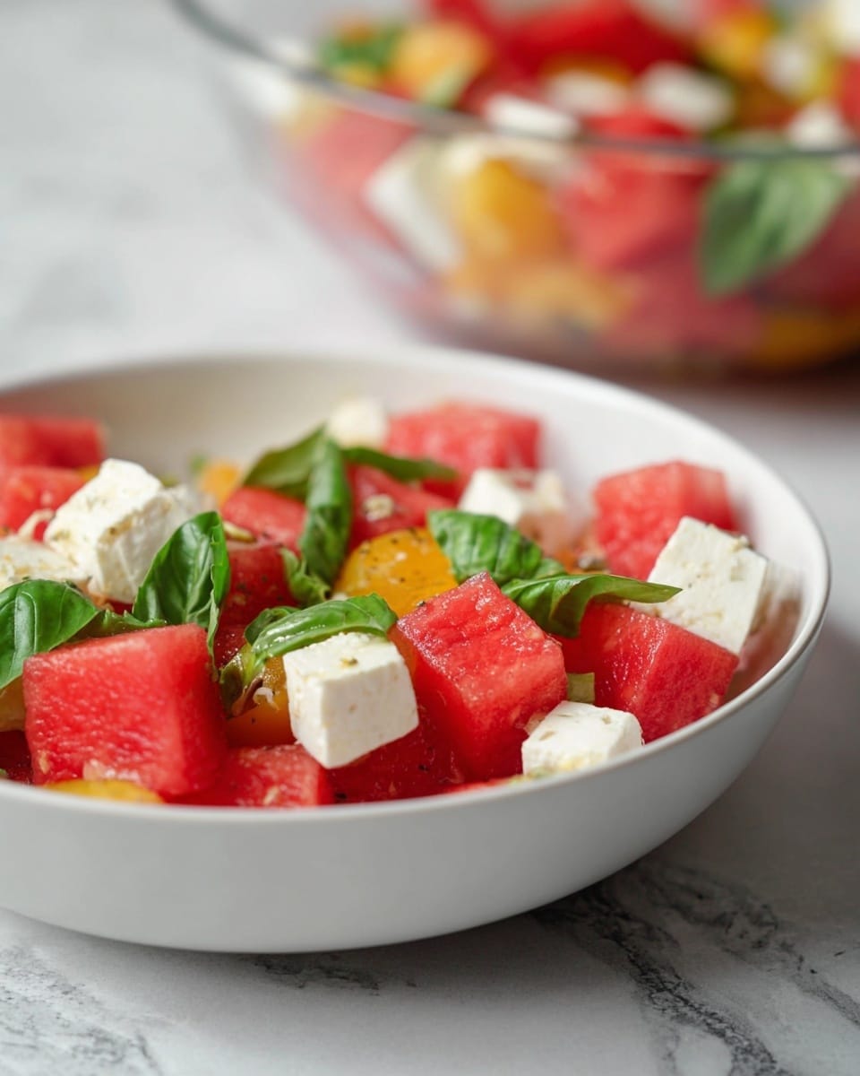 A white bowl filled with a fresh salad showing three main layers: bright red watermelon cubes with a smooth and juicy texture, small white cheese cubes with a soft and slightly crumbly look, and vibrant green basil leaves with a smooth surface and veins visible, all mixed with small pieces of yellow fruit or vegetable adding a touch of contrasting color. The bowl sits on a white marbled surface, and in the background, a glass bowl contains more of the salad with the same colorful ingredients. Photo taken with an iphone --ar 4:5 --v 7