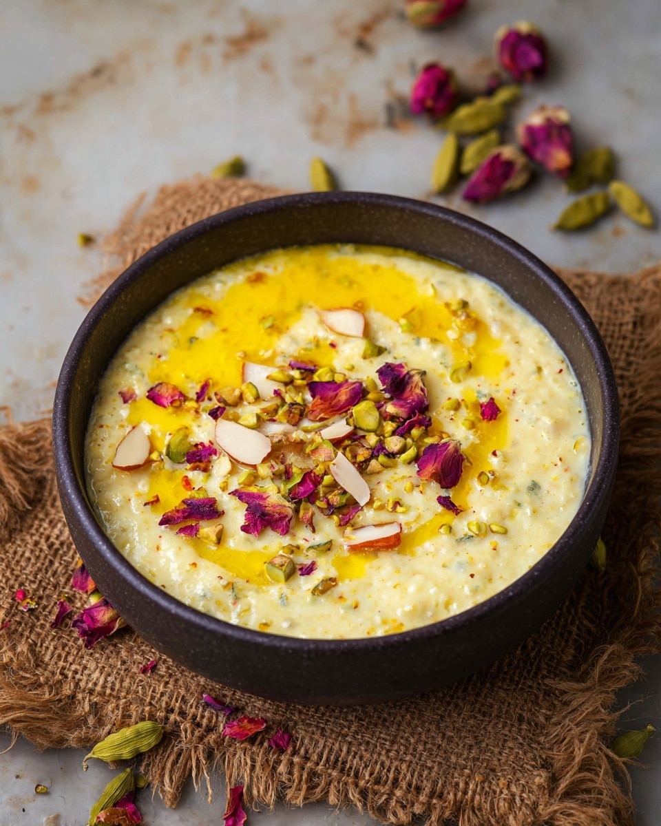 A dark bowl holds a creamy, pale yellow pudding with tiny grains visible in the mixture. Around the edges and sprinkled on top is a bright yellow layer of melted butter or ghee. On the surface are small pieces of sliced almonds, chopped green pistachios, and dried pink rose petals, adding texture and color contrast. The bowl is placed on a textured brown burlap fabric, with some scattered green cardamom pods and dried rose petals nearby on a white marbled surface. Photo taken with an iphone --ar 4:5 --v 7