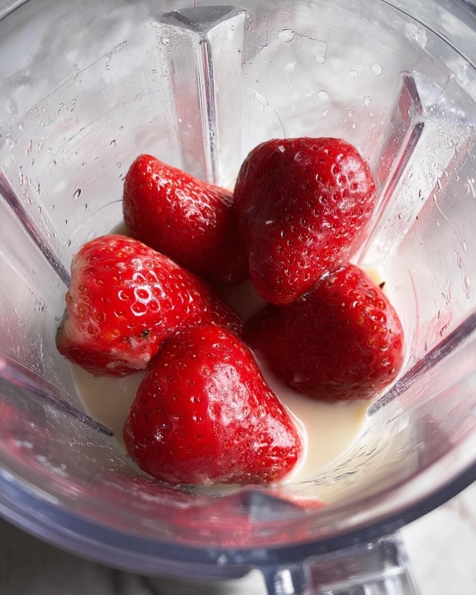 Inside a clear blender jar, there are five large, bright red strawberries with visible seeds and shiny textures, sitting on a thin layer of light cream-colored liquid at the bottom. The blender's clear plastic base and sharp blades are visible beneath the fruit, all placed on a white marbled surface. The image has some reflections and slight water droplets on the jar’s surface, making the strawberries look fresh and ready to blend. photo taken with an iphone --ar 4:5 --v 7
