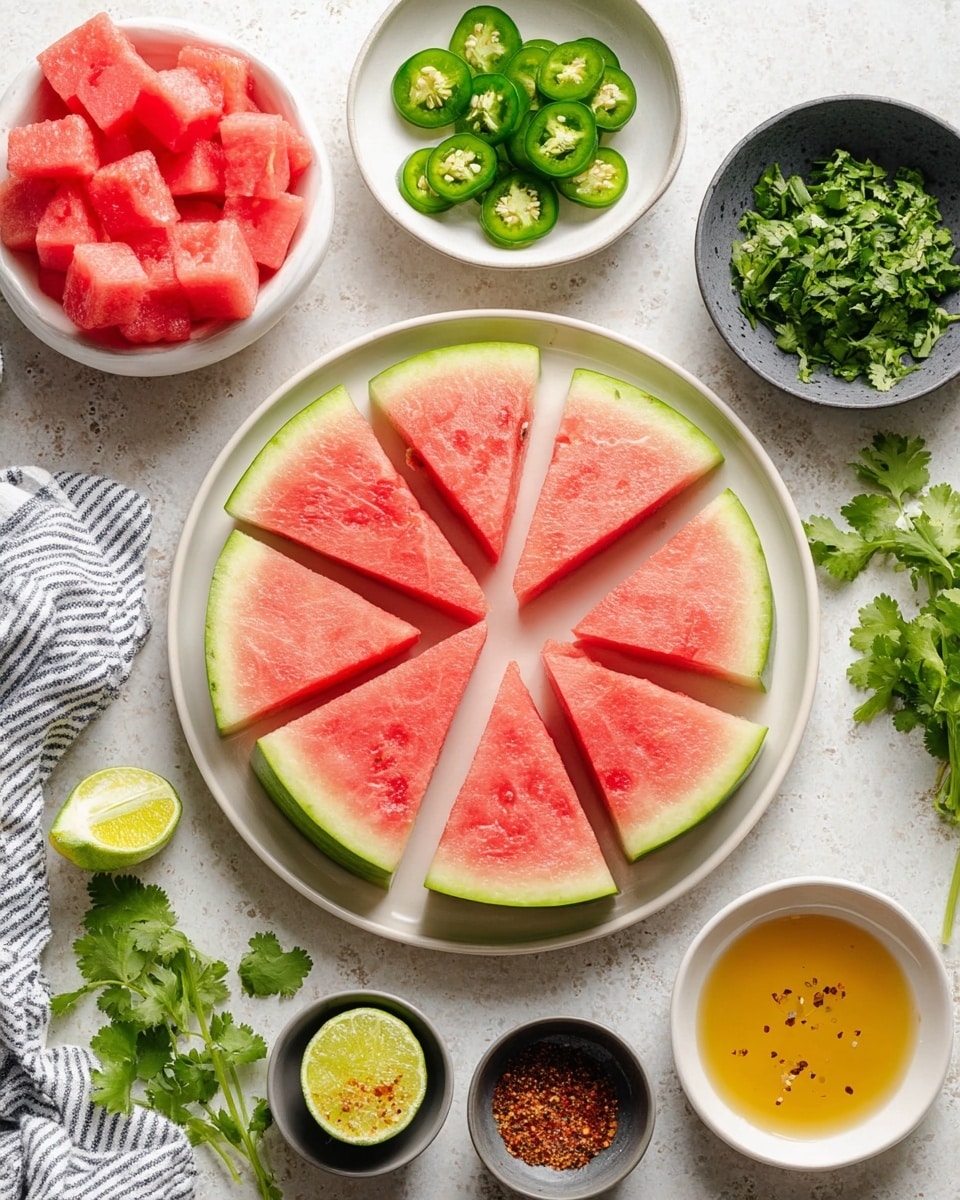 A white plate holds eight triangular slices of watermelon arranged in a circular pattern with their green rind edges facing outward and pink flesh showing in the center. To the left, a white bowl is filled with cubed watermelon pieces in bright pink. Above the plate, a small white bowl contains green jalapeño slices with seeds visible. To the right, a dark gray bowl holds chopped green cilantro leaves. Below that, a small white bowl has a light amber liquid with small black seeds floating. Around the main plate are sprigs of fresh cilantro and a halved lime showing light green flesh. At the bottom left, there is a small bowl with yellow liquid sprinkled with pepper, and beside it a small bowl with a clear light yellowish liquid. A small dark gray bowl holds a mix of salt and red chili powder. The setting is on a white marbled surface with a corner of a striped white and blue cloth napkin visible. photo taken with an iphone --ar 4:5 --v 7